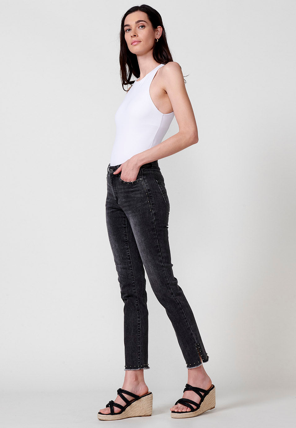 Women's black straight denim pants with studs | koroshi – Koröshi