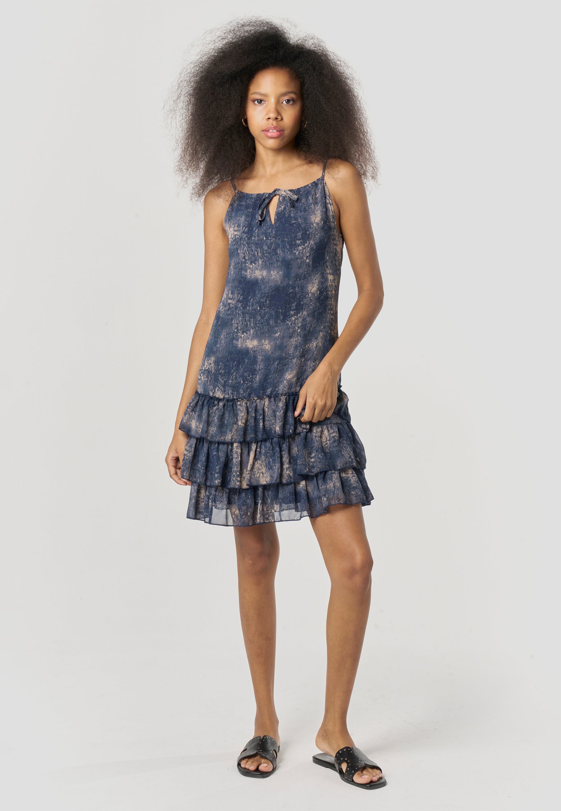 Women's Short Strappy Print Frill Dress Blue | Koroshi – Koröshi