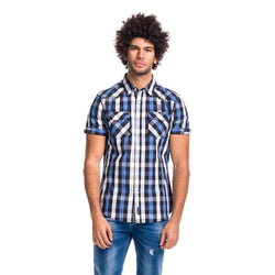 Men's blue short-sleeved shirt with embroidered letters - Koroshi 1811CC53
