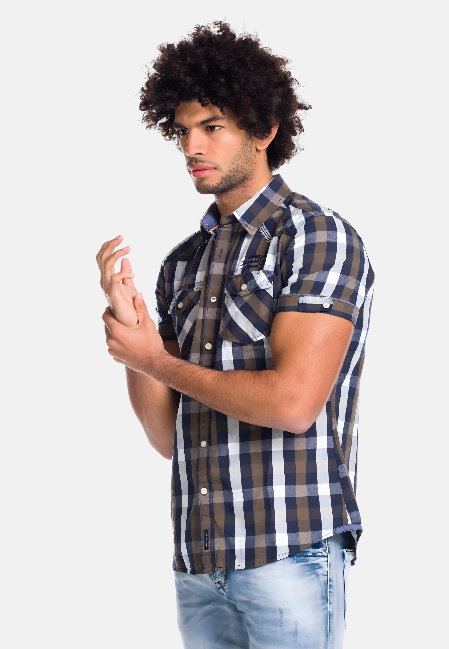 Camisa cuadros letras bordadas manga corta hombre kaki - Koroshi 1811CC53