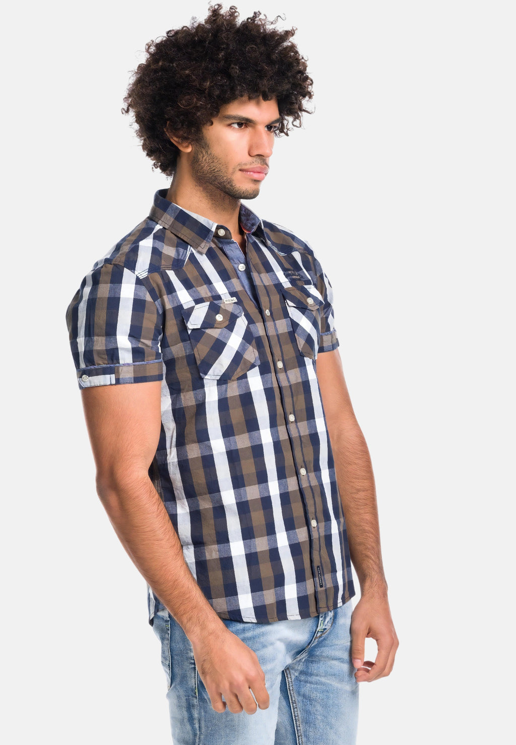 Camisa cuadros letras bordadas manga corta hombre kaki - Koroshi 1811CC53