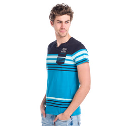 T-shirt homme turquoise manches courtes rayé col boulanger poche - Koroshi 1811MC49