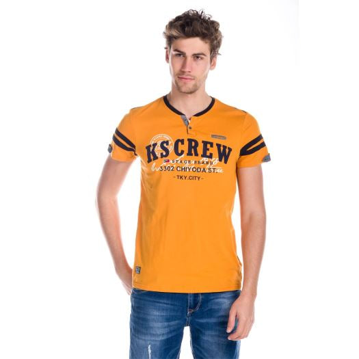 Ockerfarbenes, kurzärmliges, gestreiftes Herren-T-Shirt mit V-Ausschnitt – Koroshi 1811MC57