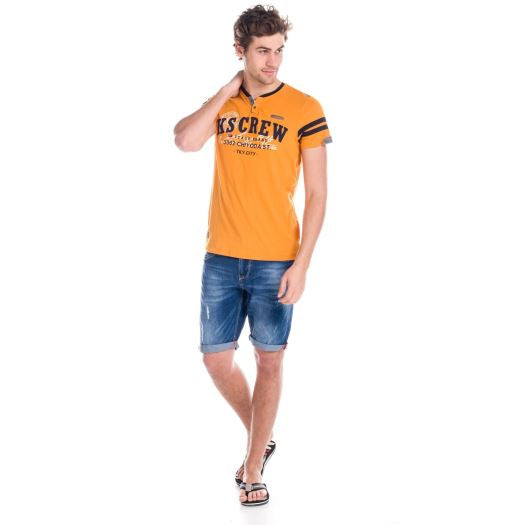 Ockerfarbenes, kurzärmliges, gestreiftes Herren-T-Shirt mit V-Ausschnitt – Koroshi 1811MC57