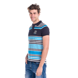 Indigo bedrucktes, gestreiftes Kurzarm-Poloshirt für Herren, weiß – Koroshi 1811PC17