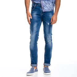 Men's slim jeans with rips in medium blue - Koroshi 1811PT66