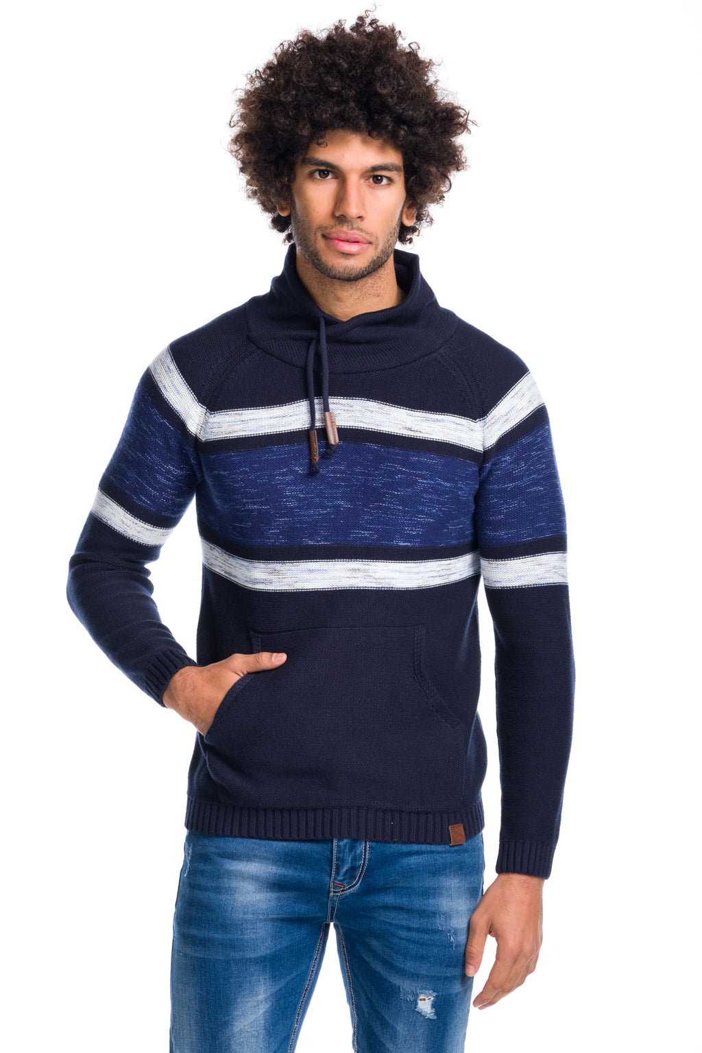 Jersey tricot de rayas cuello chimenea hombre azul navy - Koroshi 1811TR03