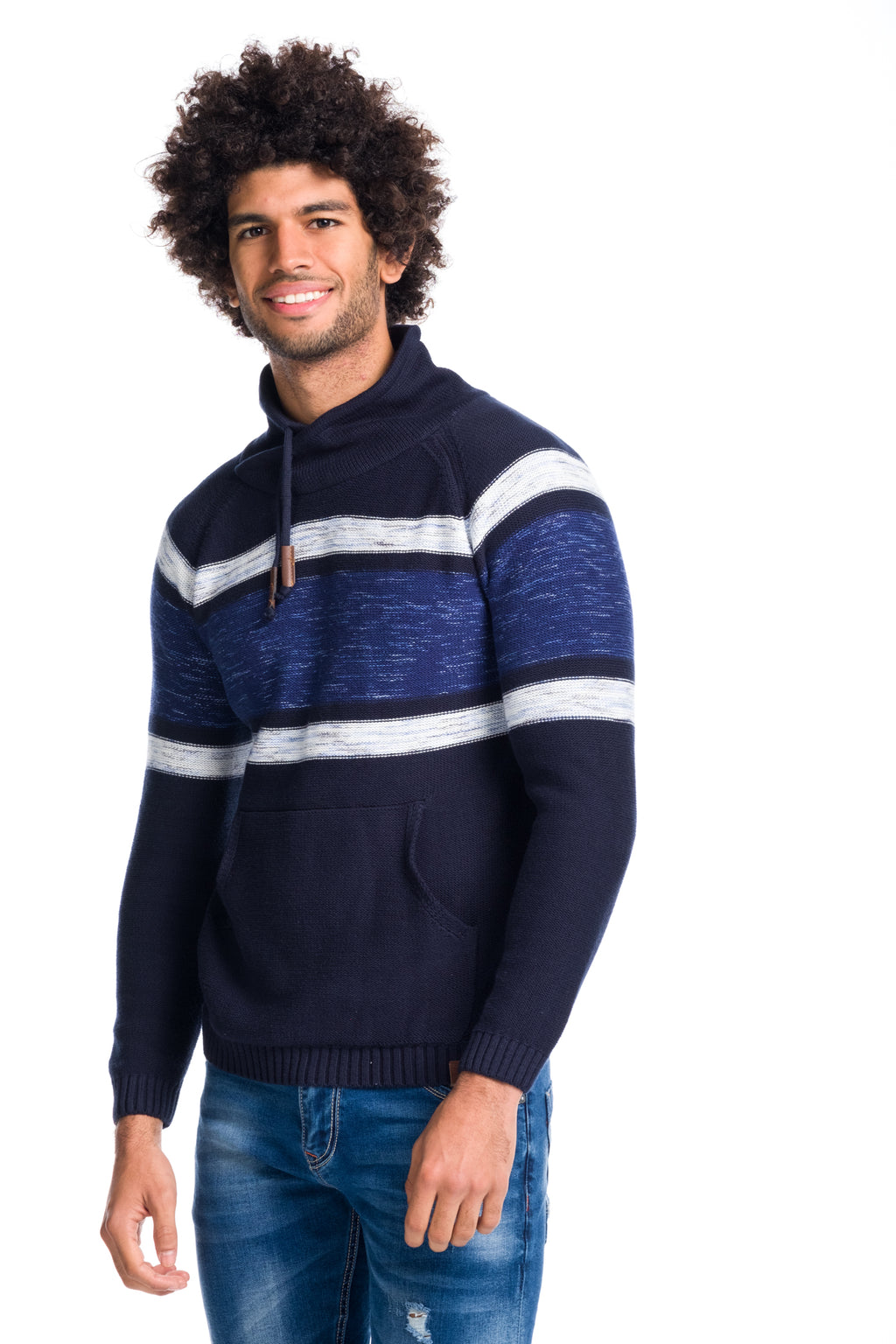 Jersey tricot de rayas cuello chimenea hombre azul navy, vista 2 - Koroshi 1811TR03