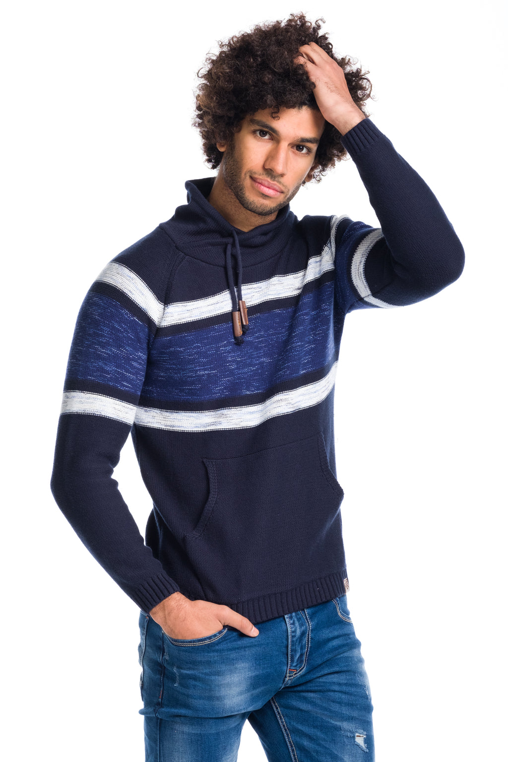 Jersey tricot de rayas cuello chimenea hombre azul navy, vista 3 - Koroshi 1811TR03