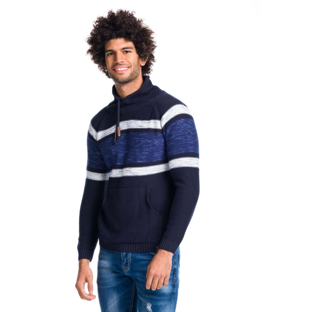 Jersey tricot de rayas cuello chimenea hombre azul navy, espalda - Koroshi 1811TR03