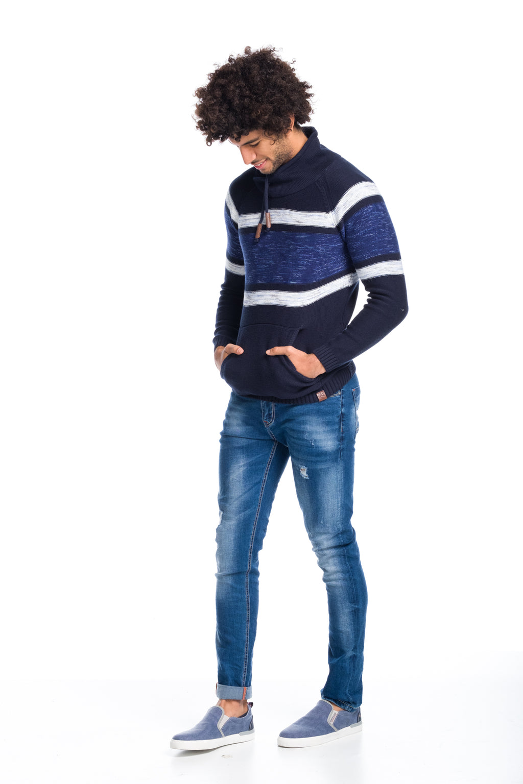 Jersey tricot de rayas cuello chimenea hombre azul navy, detalle - Koroshi 1811TR03