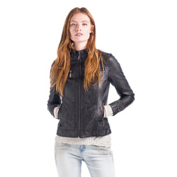 Black women's mandarin collar leather effect jacket - Koroshi 1812JA04