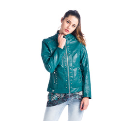 Chaqueta efecto piel con tachas cuello mao mujer verde turquesa - Koroshi 1812JA15