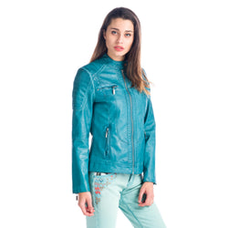 Cobalt blue woman's mandarin collar leather effect jacket - Koroshi 1812JA91