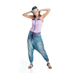 Mittelblaue Baggy-Jeanshose für Damen mit Blumenstickerei – Koroshi 1812PT04