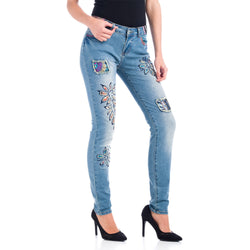 Medium blue women's skinny denim pants with sequin embroidered flowers - Koroshi 1812PT07