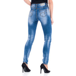 Jean skinny taille haute femme bleu moyen avec perles, vue arrière - Koroshi 1812PT25