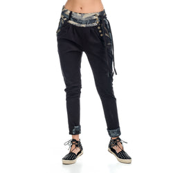 Pantalon semi-baggy femme taille imprimée sequins, noir, vue de face - Koroshi 1812PT26