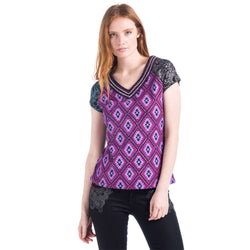 Women's purple V-neck geometric print short-sleeved top - Koroshi 1812TP39
