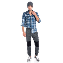 Men's blue long-sleeved denim yoke check shirt - Koroshi 1821CL52