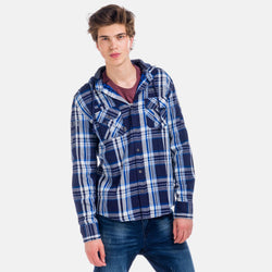 Blue men's checked cotton hooded overshirt - Koroshi 1821CL59