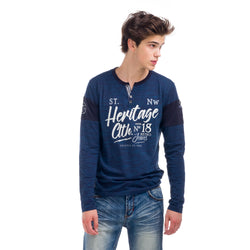 Men's printed baker collar long sleeve t-shirt navy - Koroshi 1821ML02