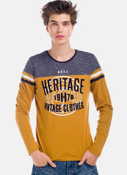 Ockerfarbenes gestreiftes Langarm-T-Shirt für Herren – Koroshi 1821ML03