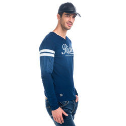 Indigofarbenes Herren-Langarm-T-Shirt mit gestreiften Ärmeln – Koroshi 1821ML05