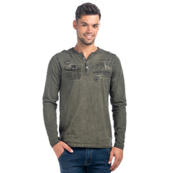 Khaki men's long sleeve washed effect t-shirt with pocket - Koroshi 1821ML13