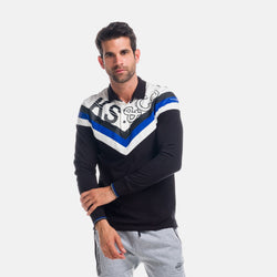 Men's black chevron and letter print long-sleeved polo shirt - Koroshi 1821PL02