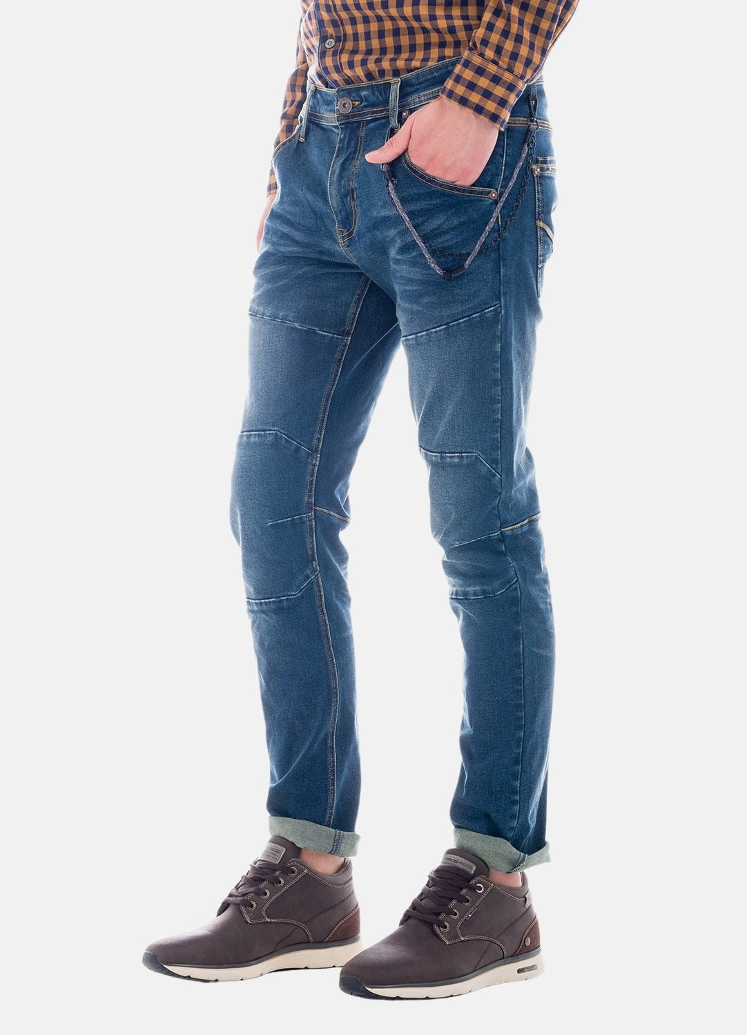 Schmaler blauer Denim mit Kordel-Schlüsselanhänger