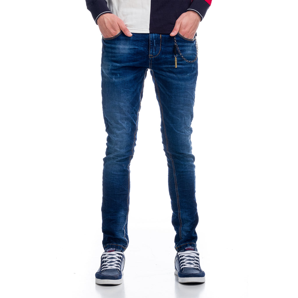 Denim bleu slim avec détail porte-clés en cordon