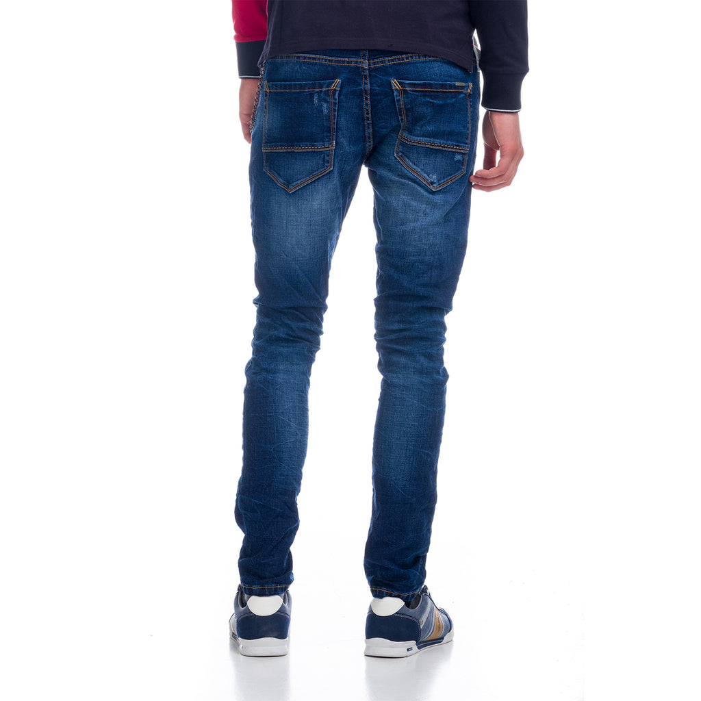 Denim bleu slim avec détail porte-clés en cordon