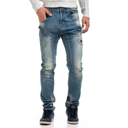 Jeans cargo slim da uomo con tasche con cerniera, blu medio - Koroshi 1821PT30