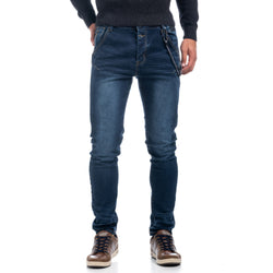 Dark blue men's slim jeans with decorative drawstring - Koroshi 1821PT51