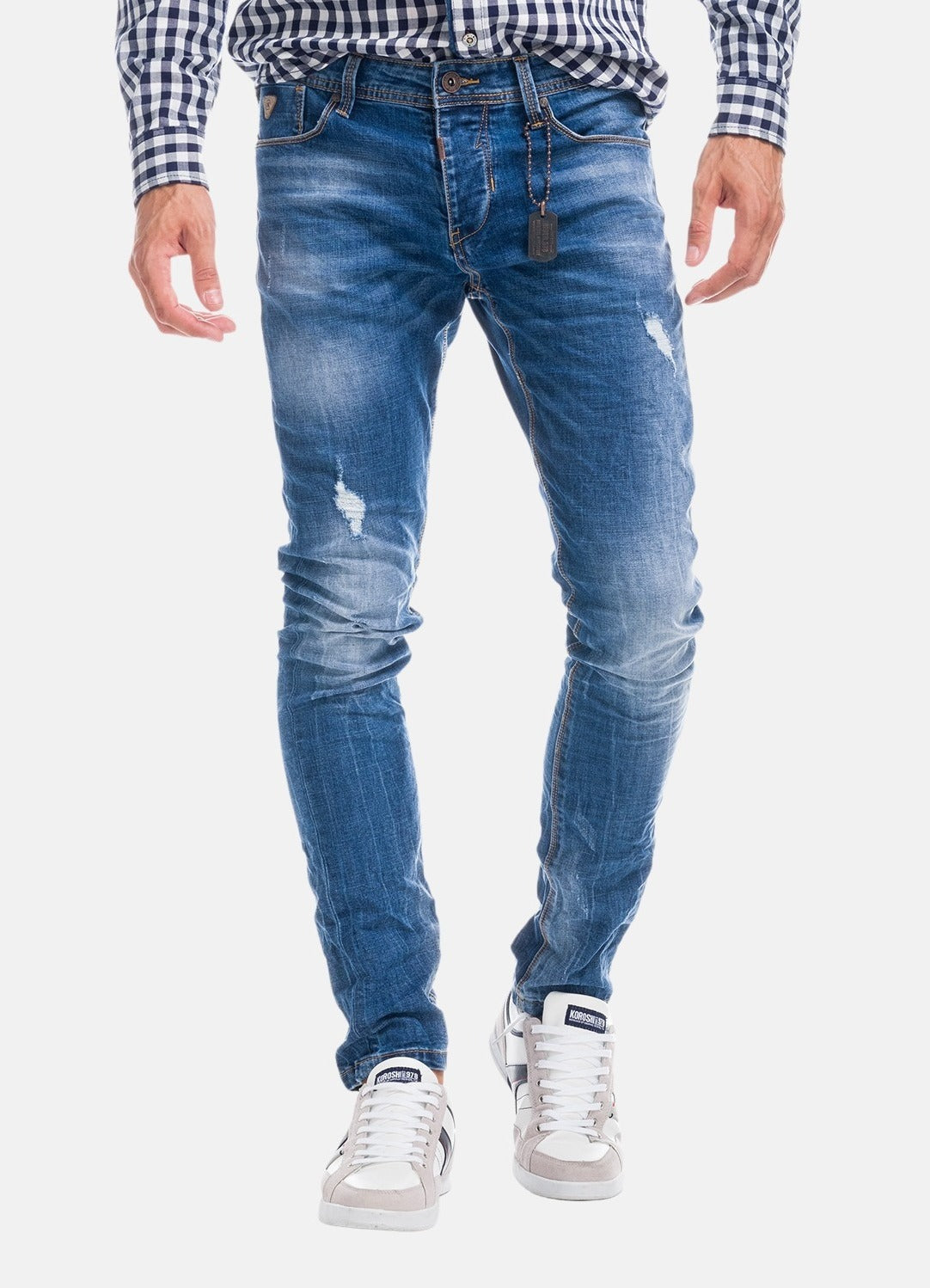 Slim blue denim with metal detail