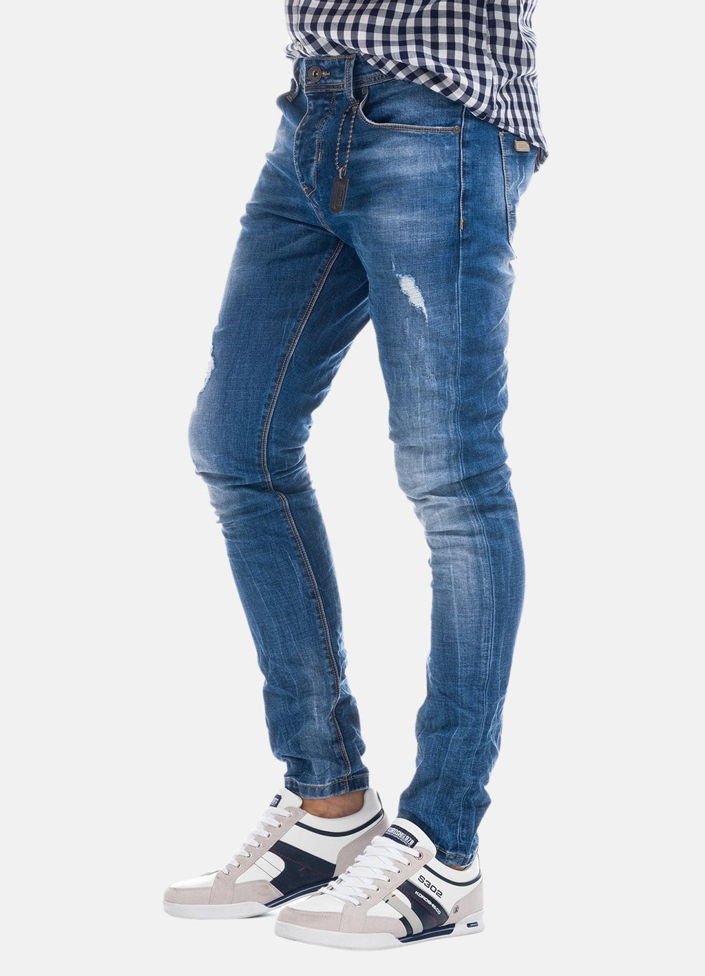 Slim blue denim with metal detail