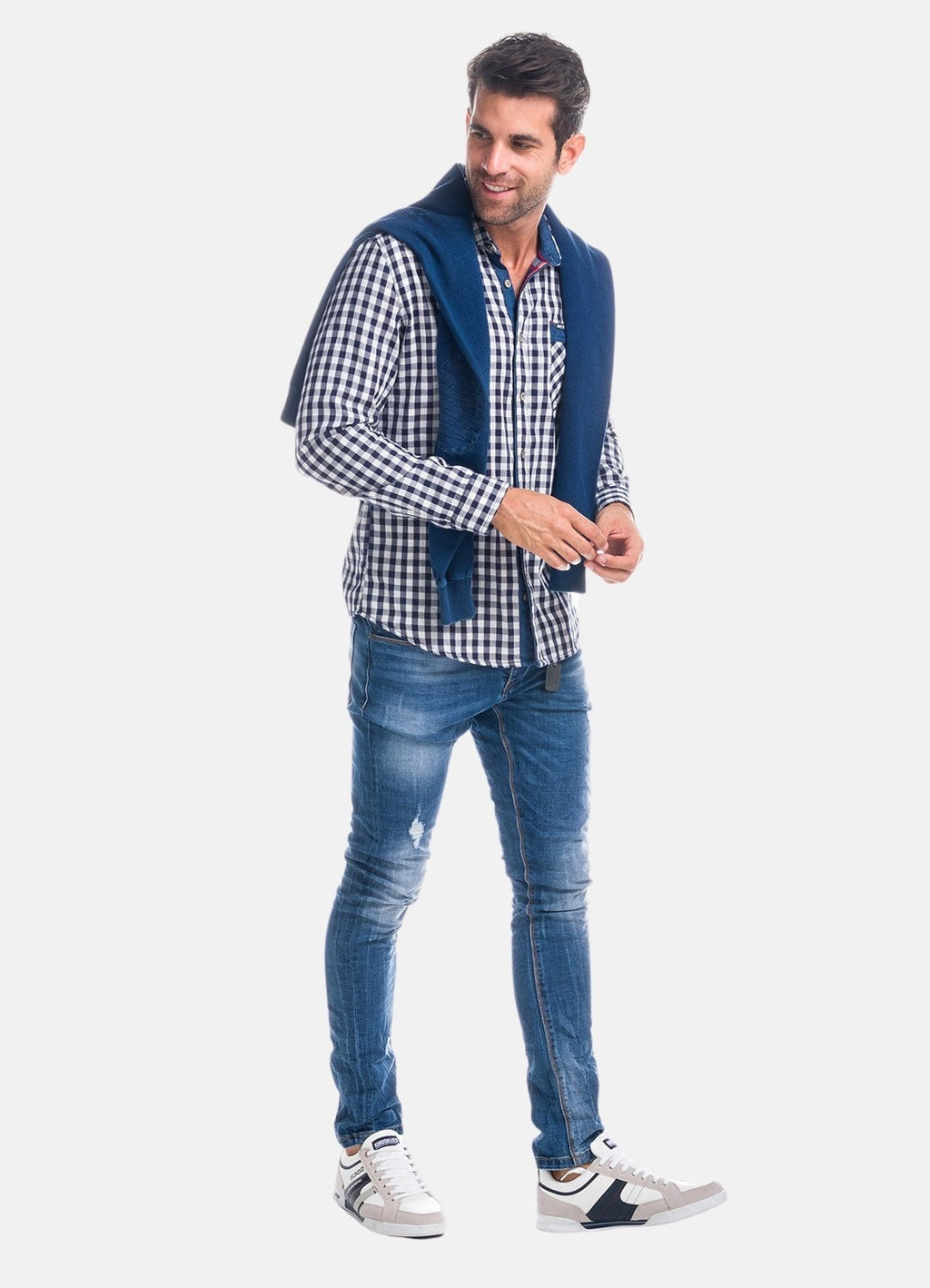 Slim blue denim with metal detail