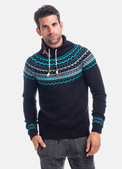 Pull d'hiver en maille jacquard col cheminée homme marine - Koroshi 1821TR28