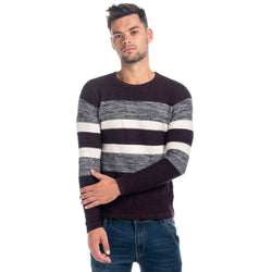 Pull tricoté col rond rayé marron homme - Koroshi 1821TR29