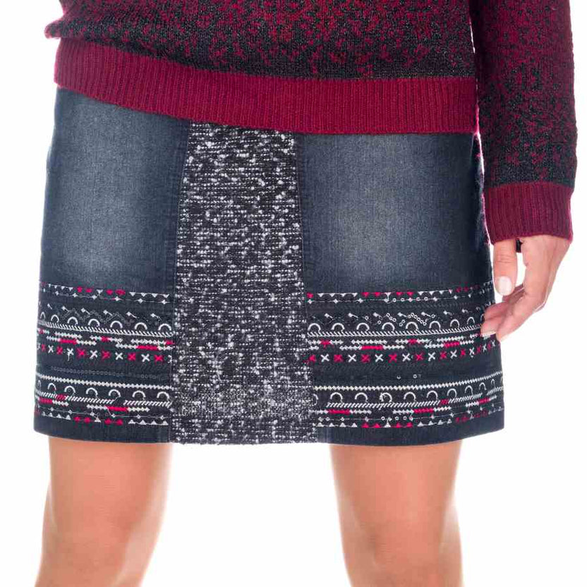 Combined embroidered denim skirt