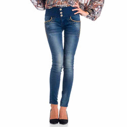 Mittelblaue Röhrenjeans für Damen mit hohem Bund, Schärpe und Nieten – Koroshi 1822PT16