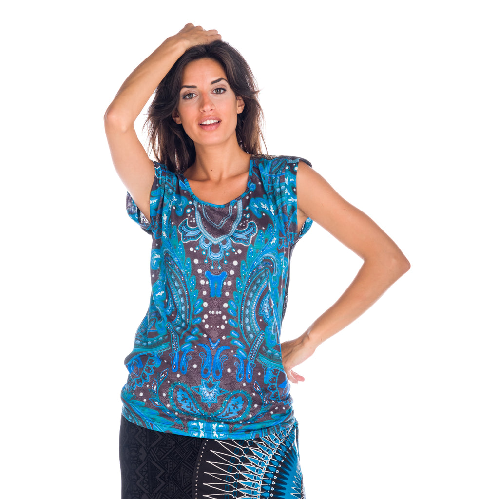 Top estampado manga casquillo fruncido lateral mujer aqua - Koroshi 1822TP06
