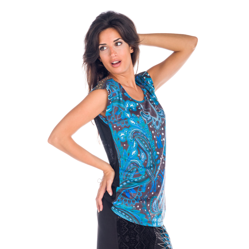 Top estampado manga casquillo fruncido lateral mujer aqua - Koroshi 1822TP06