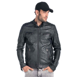 Blaue Herren-Bikerjacke mit Stehkragen und Ledereffekt – Koroshi 1911JA01