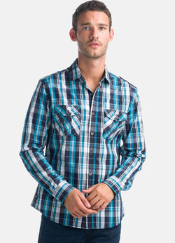Blue men's long-sleeved poplin check shirt with epaulettes - Koroshi 1921CL55