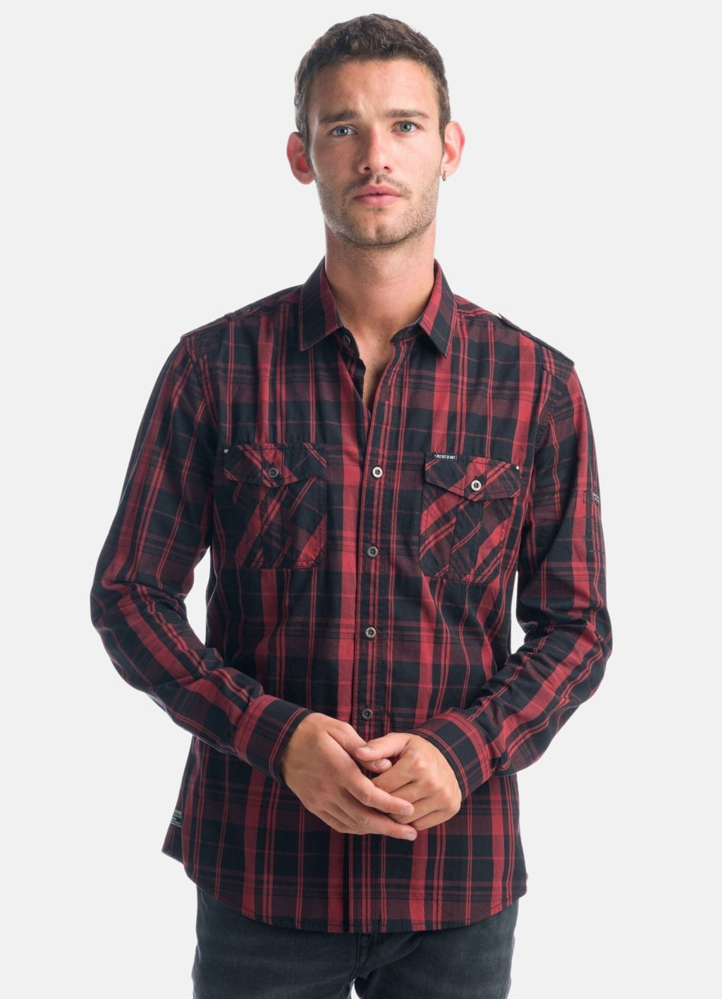 Camisa cuadros popelín charreteras manga larga hombre granate - Koroshi 1921CL55