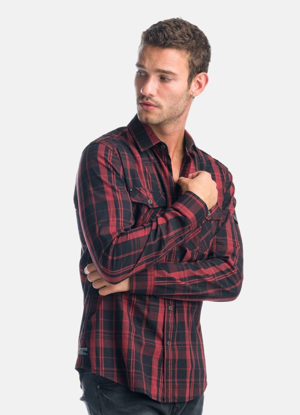 Camisa cuadros popelín charreteras manga larga hombre granate - Koroshi 1921CL55