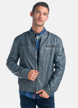 Blaue Herren-Bikerjacke in Lederoptik mit Fellfutter – Koroshi 1921JA03