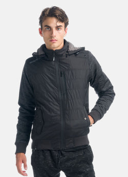 Schwarze Herrenjacke mit Lammfellfutter und abnehmbarer Kapuze – Koroshi 1921JA53